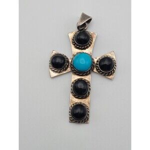 Taxco Onyx And Blue Stone 950 Silver Cross Pendant, Craftsman T-82